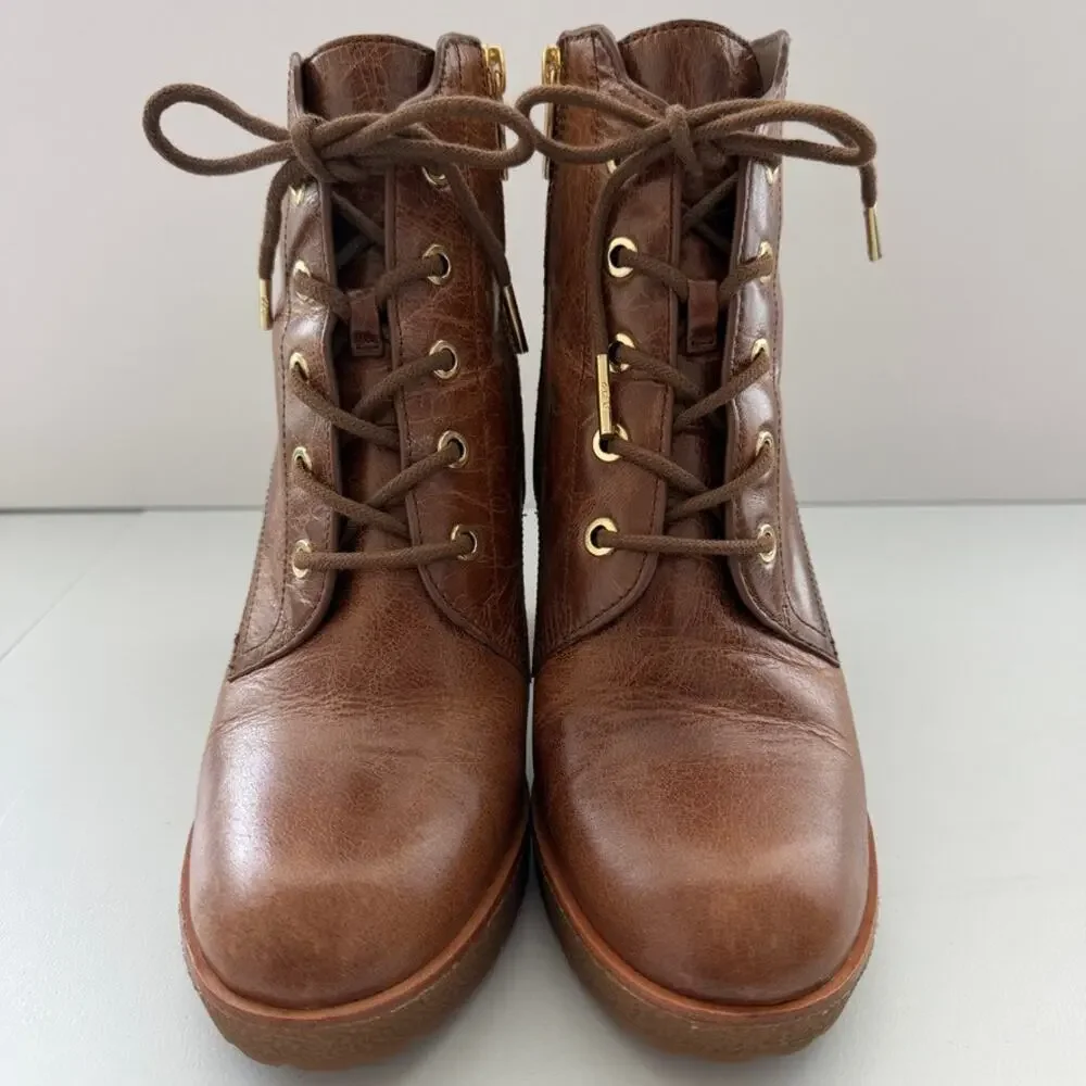 Michael Kors Kim Leather Carmel Distressed Stacked Heel Ankle Boots Size 7.5
